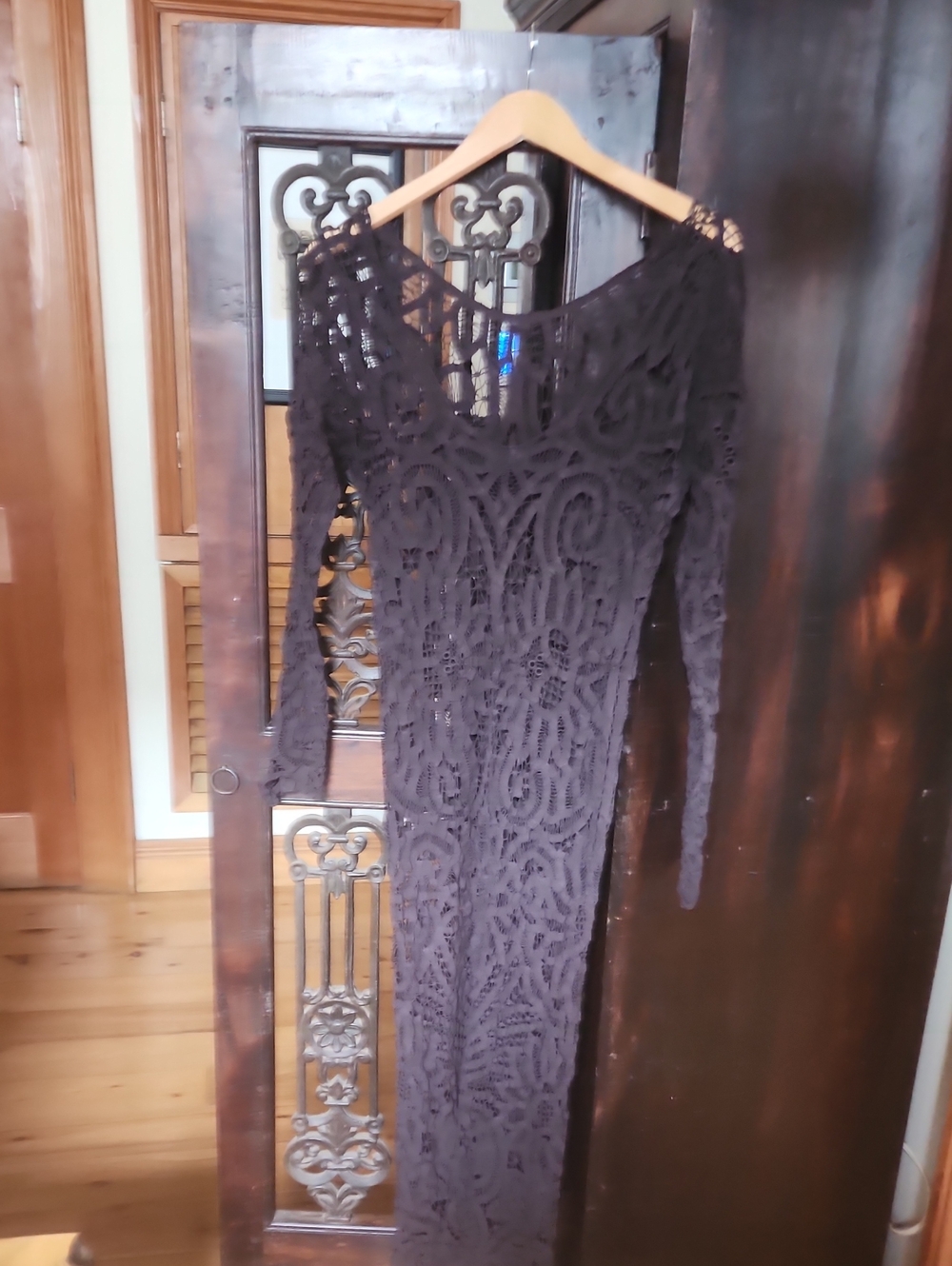 Vintage 1990s Black Battenburg Lace Long-Sleeve Maxi Dress, Reversable, 4-6